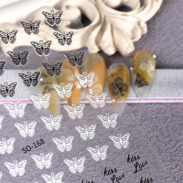10 ark Nail Art Stickers Dekaler Butterfly Rose Nail Art Supplies Designs, svart og hvitt, 10,5*8 cm