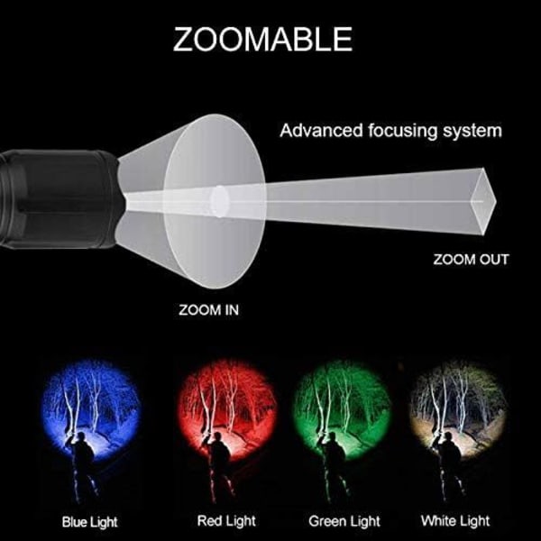 LED taktisk lommelygte med rød grøn blå hvid, 4 farver i 1 vandtæt multifunktionel zoombar lommelygte til nattesyn, fiskeri, camping, jagt