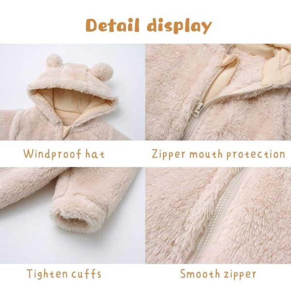 Nyfødt Fleece Hettegenser Lang Ermet Onesies 90cm