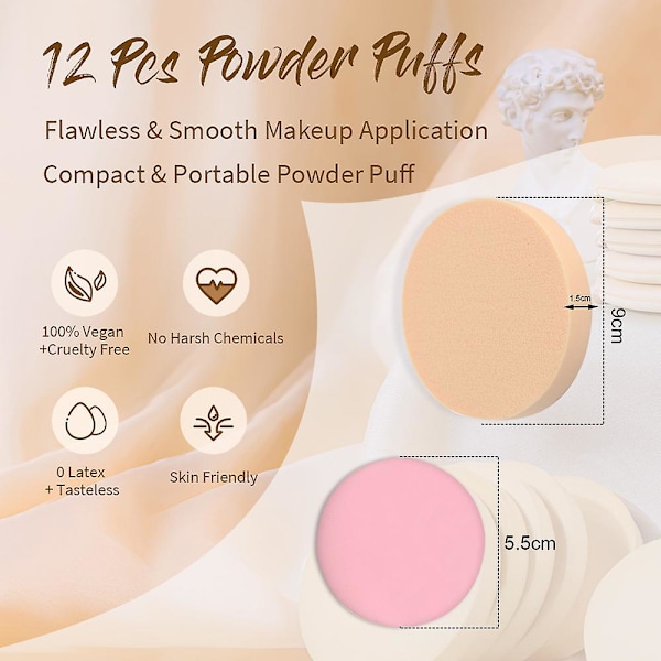 12 st runda sminkspons med luftkuddepuderpuff, sminkpuff för foundation, concealer