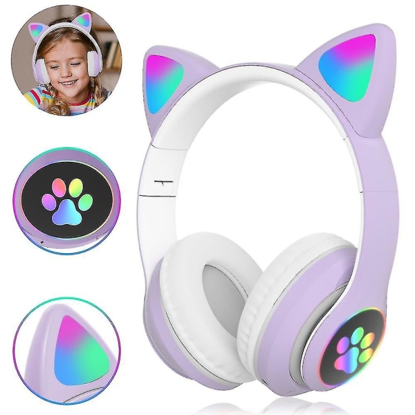 Bluetooth-headset med katteører, stereo, over-ear, gaming, bass, støjreducerende, med mikrofon, til børn og piger