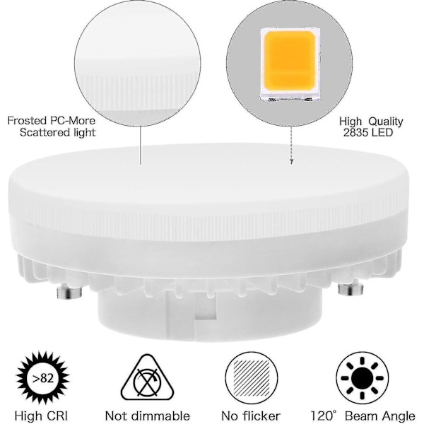 4 st Gx53 LED-lampa 7w 3000k, varmvit, ej dimbar, inget flimmer, ersätter 50w halogen Gx5.3 eller Cfl 9w 13w, 560lumens, 120
