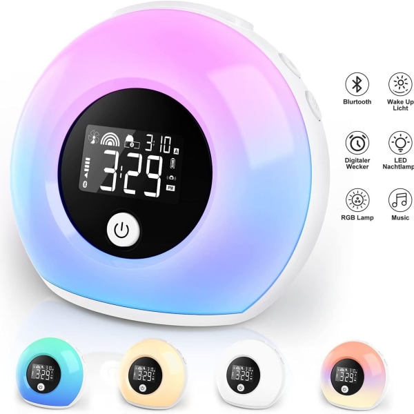 Vekkerklokke med lys - Vekkerklokke med lys - Barnevekkerklokke med Bluetooth-høyttaler 1 stk