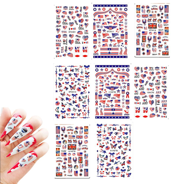 4. juli-klistremerker Nail Art , Independence Day Patriotic Designer Nail Decals 3d Selvklebende Akryl Nail Supply Nail Sticker 8 Ark