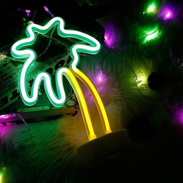 Neon natlampe med palme og LED-fod - Batteri eller USB-drevet til soveværelse, julefest (palmetræ gul + grøn-kokosnød)