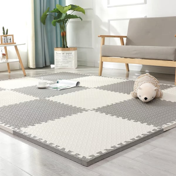 Skum Legemåtte - Børns Bløde Eva Puslespilmåtte, Sammenlåsende Børns Legemåtte Gulvmåtte Skum, 16-pak. 30*30*1.0 (16 stykker) hvid grå White+Gray
