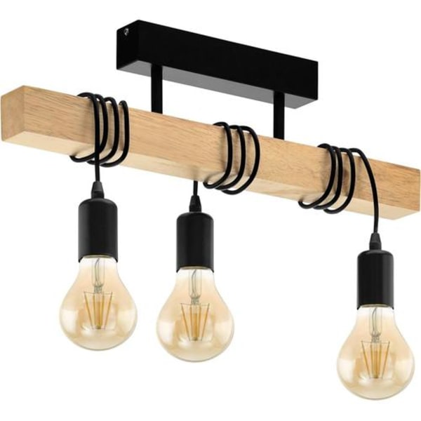 Taklampe, Vintage Taklampe med 3 Flammer i Industriell Design, Retro Hengelampe i Stål og Tre, Farge: Svart, Brun, Sokkel: E27