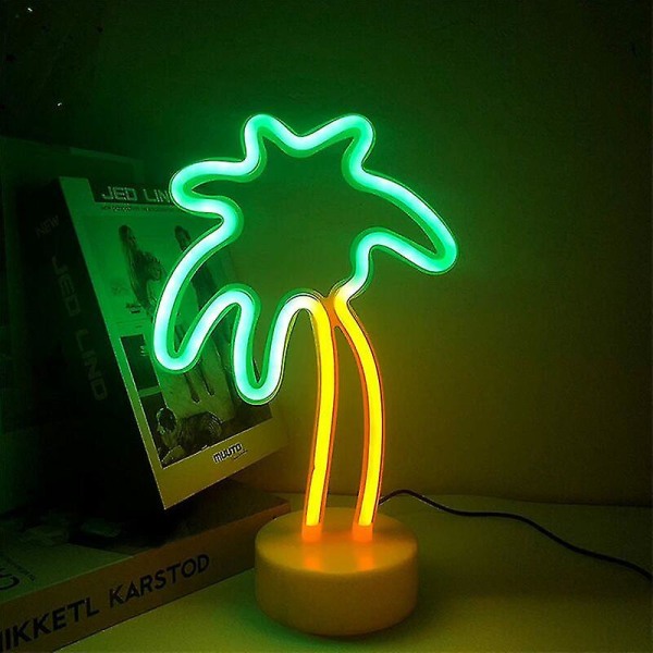 Neon natlampe med palme og LED-fod - Batteri eller USB-drevet til soveværelse, julefest (palmetræ gul + grøn-kokosnød)