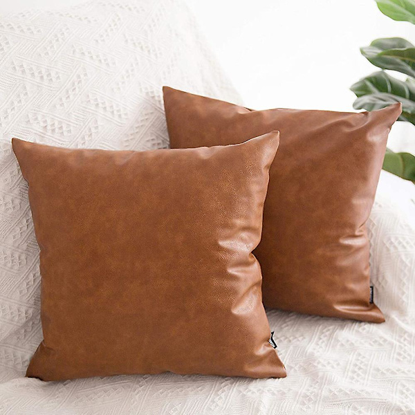 Fodral i konstläder, 45 * 45 cm, set med 2 cognacbruna moderna enfärgade dekorativa örngott