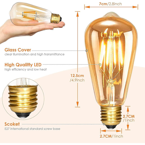 E27 Vintage Edison Glödlampa, Dimbar St64 6w Edison Led Lampa, 3 Stycken Retro Vintage Glödlampa, Varm Vit 560lm