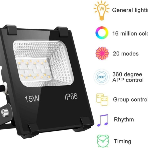 Ulkoilman LED-valonheittimet, 15 W:n Bluetooth-älypuhelinsovelluksen ohjaus, värinvaihto