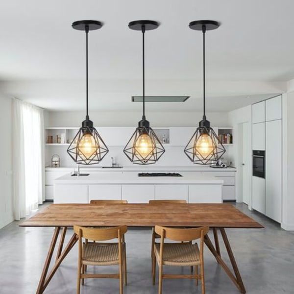 3x Industriell Hengelampe i Metall, Lysekrone i Taklampe, Bur-Stil, 16 cm, Geometrisk E27 Mini Vintage Hengelampe for Kjøkken, Soverom, Gang, Svart