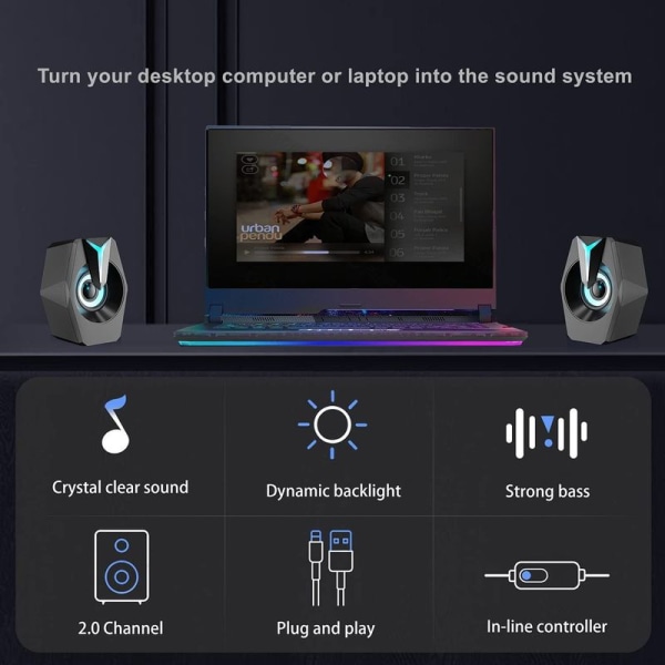Computerhøjttalere, stereo PC-gaminghøjttalere med 7 farver