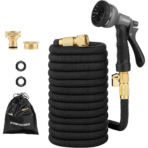 ICONNTECHS Udvidelig Havevandslange 30m - Massiv Messing Fittings, 8 Funktioners Spraydyse, Fleksibel og Holdbar