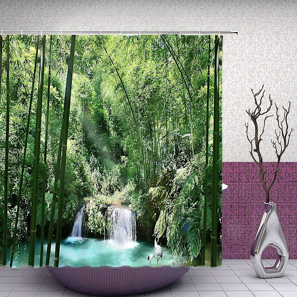 Bambu duschdraperi naturlig dekoration grön skog badrum gardin tillbehör polyester tyg badrum duschdraperi set med krok