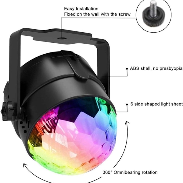 LED festlampe diskokugle musikstyret med 7 farver 360° roterbar