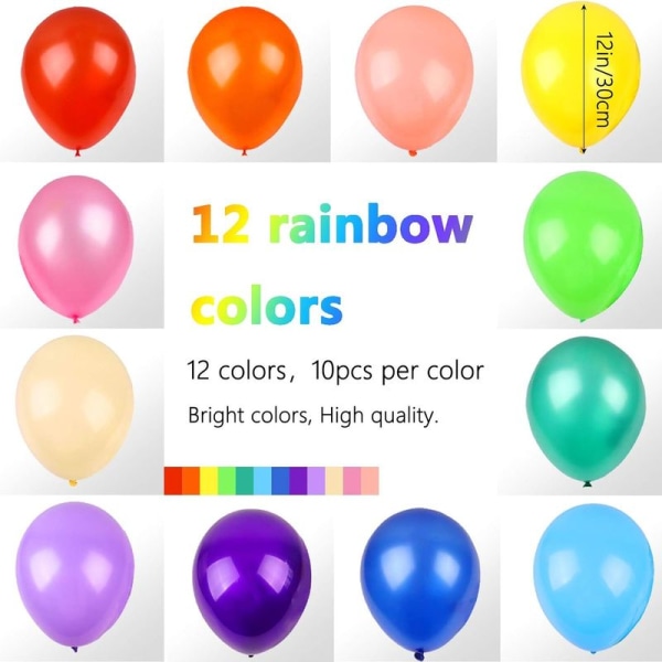 120 ballonger i forskjellige farger, 12 tommer, 12 typer regnbue