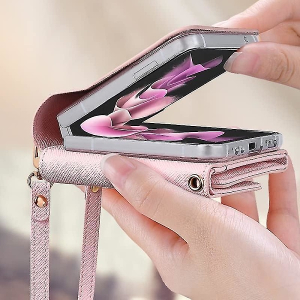 Lær lommebokveske Kompatibel Samsung Galaxy Z Flip 5 med stropp og kortholder og hengselbeskyttelse, Z Flip 5 deksel