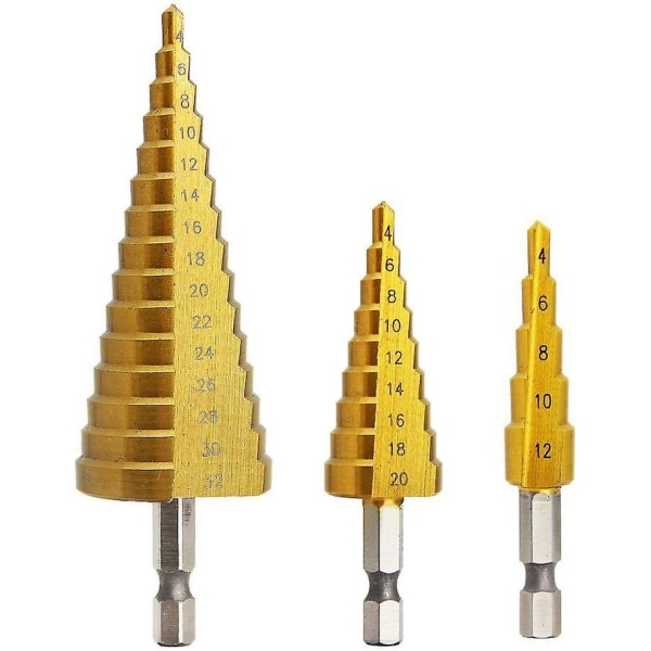 Piece Stepped Countersunk Head Drill Bit Set, HSS Rustfritt Stål, 4-12/20/32mm, Titanium Konisk Trekant, med Hex Skaft, for Skrueboring i Stål