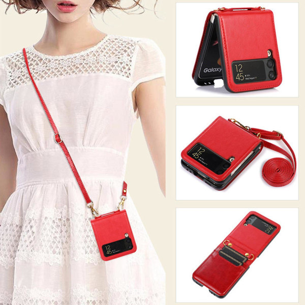 Läder plånboksfodral med kortplatser Kompatibel Samsung Galaxy Z Flip 4 med justerbar crossbody-snodd