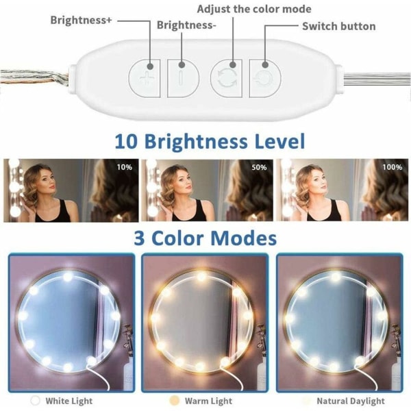 Hollywood-stil LED-speilbelysning, 10 pærer, perfekt skjulte kabler, 3 farger