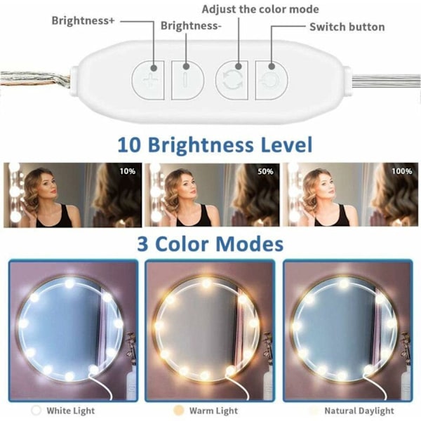 Hollywood-stil LED-spejlbelysning, 10 pærer, perfekt skjulte kabler, 3 farver