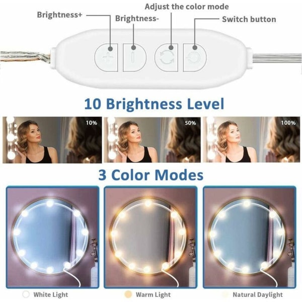 Hollywood-stil LED spejllys, 10 pærer, perfekt skjulte kabler, 3 farver