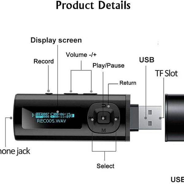 Bluetooth-afspiller, MP3-afspiller MED hovedtelefoner, FM-radio, mini-design