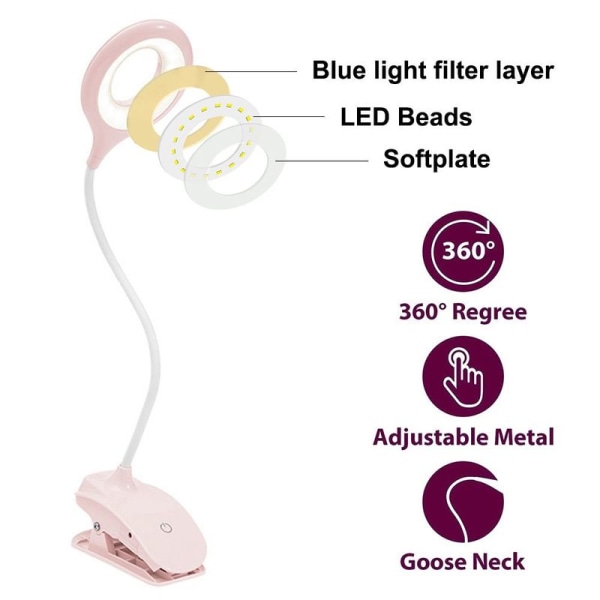 LED-pöytävalaisin, silmäystävällinen kiinnityslappu, kiinnityslamput, lukulamput, vaaleanpunainen