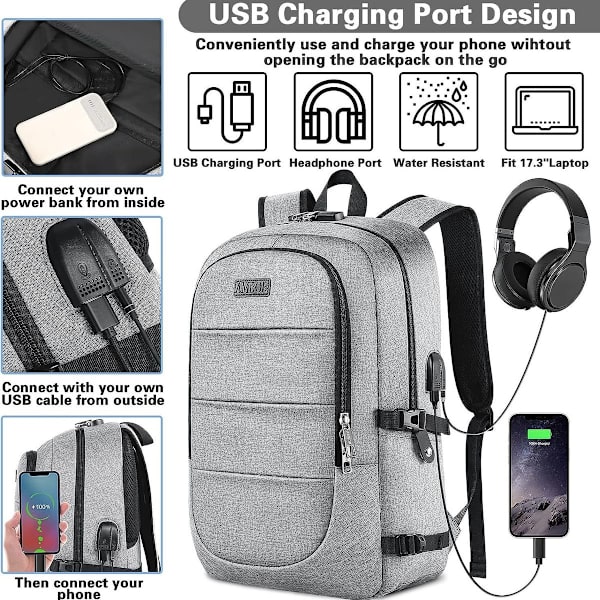 Laptop-ryggsäck för män med USB-laddningsport, ryggsäck för kvinnor, stöldskyddad ryggsäck