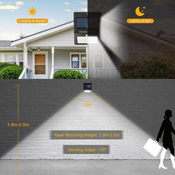 Udendørs solcellelampe bevægelsessensor, 3 tilstande udendørs solcellelys Ip65 vandtæt, [2 pakke 144 LED'er] Trådløs solcelleudendørsbelysning til have - 2 stk