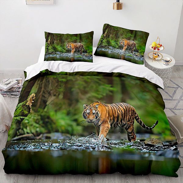 Tiger 02# 3d Hjem Tekstil Sengetøj 3d Tiger Dyreprint Dynebetræk Lagen Sæt af tre