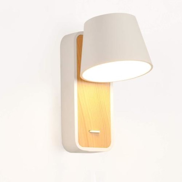 Hvit LED-vegglampe med trebase, 6 W justerbar aluminiums spotlight, varmt hvitt 2700 K og bryter for soverom, seng, hodegjerde, leserom