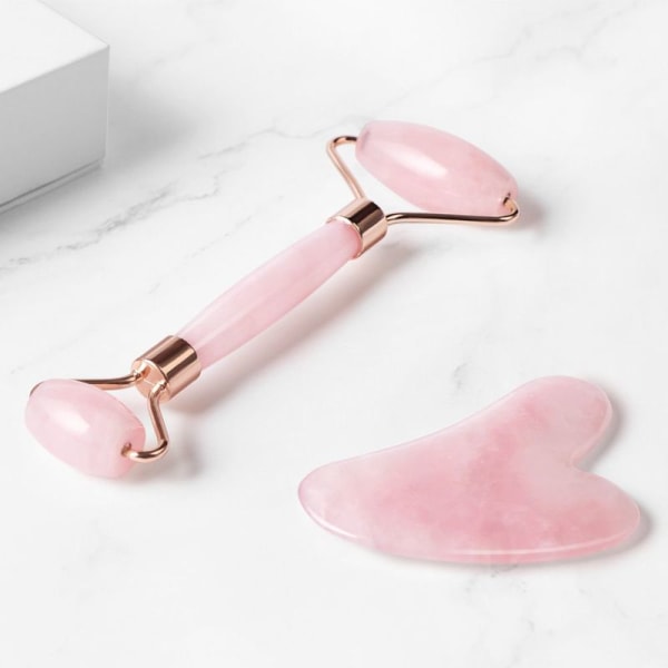 Rose Quartz Facial Roller og Gua Sha Scraper Set Lovelyface, 100% Naturlig Stein, Han