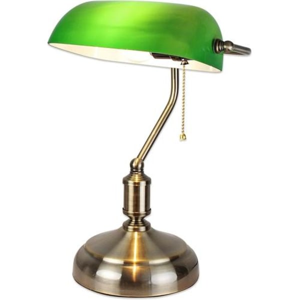 Grøn Bankerlampe - Vintage Skrivebordslampe - Retro Sengebordslampe - Notarlampe, Advokat, Bibliotekslampe - Opalhvidt Glas - Kædestrømafbryder - 38 CM - Bronzefod