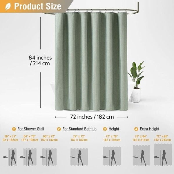 Suihkuverho 180 x 210 cm, ylimääräisen pitkä salvianvihreä - kestävästä materiaalista valmistettu suihkuverhosetti