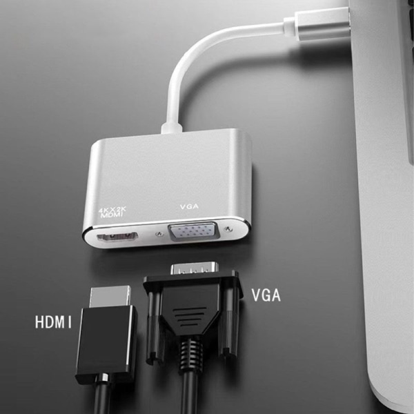 USB C till HDMI VGA-adapter, dubbelskärm Typ C till HDMI VGA