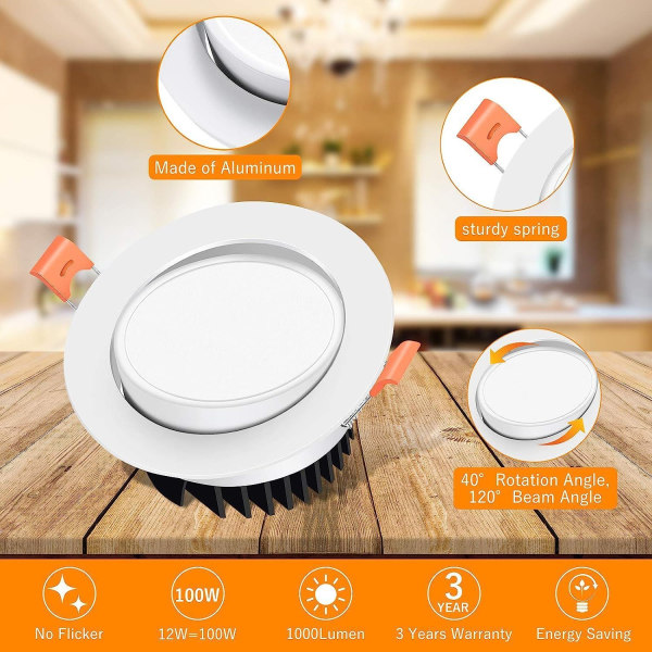 LED-downlight 12W varmvit 3000K infälld belysning 40° justerbar LED-takmontering
