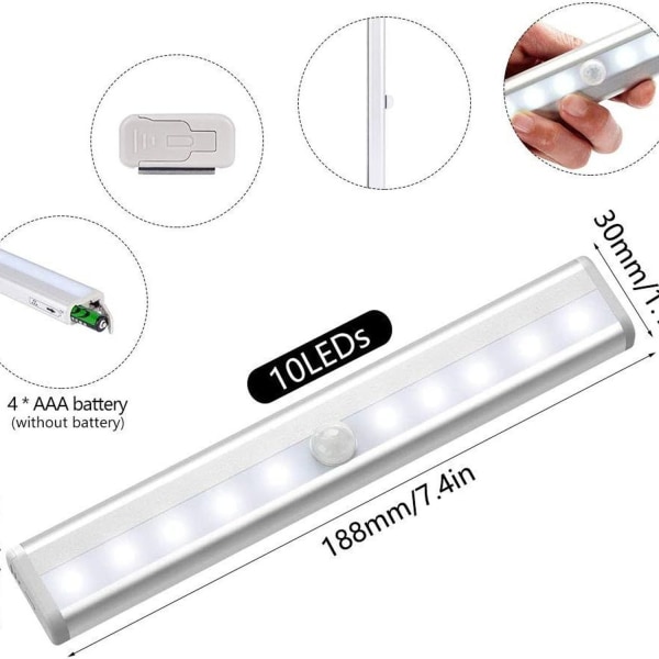 Sett med 3 LED-bevegelsessensorlys Innendørs skaplys 10 LED-er Trådløs St