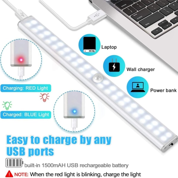 40 LED-skaplys, bevegelsessensor-skaplys, USB-oppladbart LED