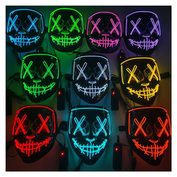 LED-skrekkmaske, Halloween-maske, Purge med 3X lyseffekter, kontrollerbar, for karneval