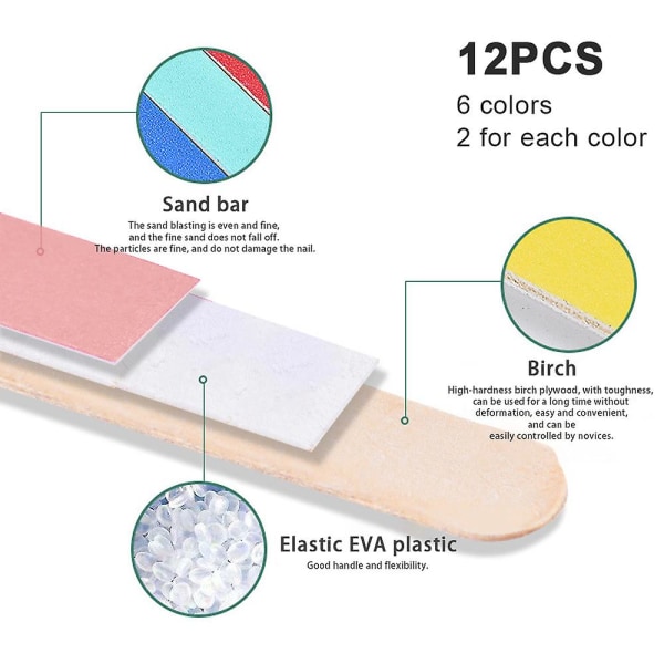 Sæt med 12 neglefile, 12,9x 1,2cm, Gruppe A, Multifarvet