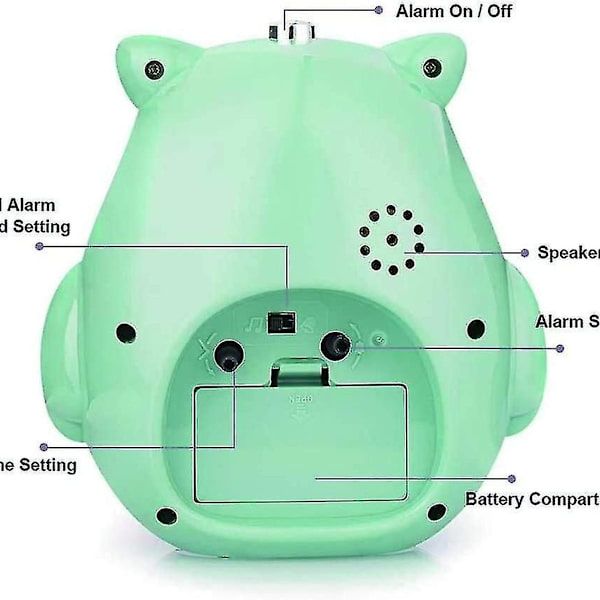 Barneugle vekkerklokke med nattlys, grønn