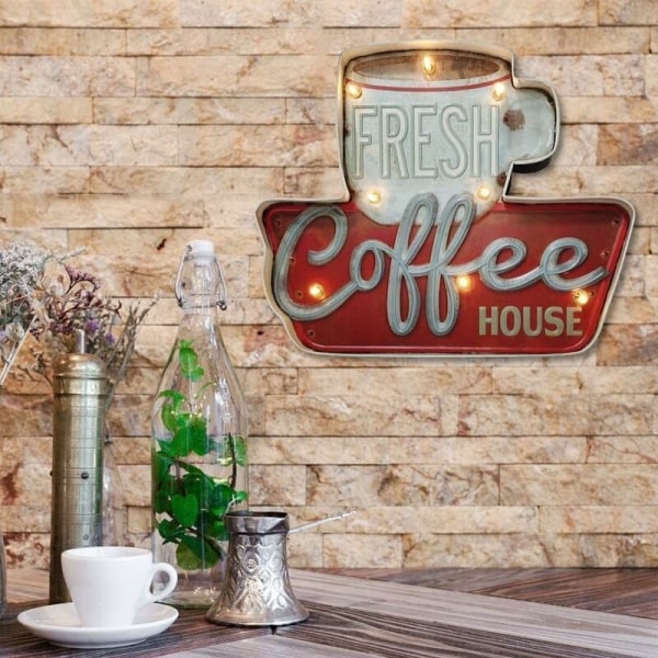Lysskilt kaféveggdekorasjoner, vintage håndlaget preget tinndekor i metall, vegghengende skilt i industriell stil, til hjemmet, baren? Kjøkken (frisk)