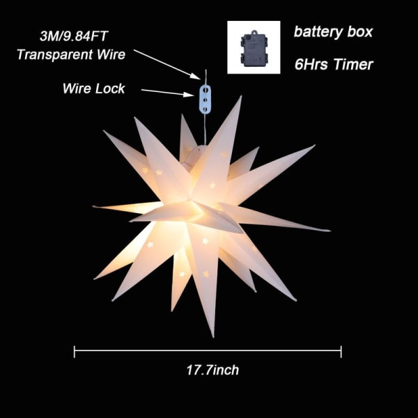 3D Stjernelys 45cm inklusive kabel LED-lampe juledekoration batterirum