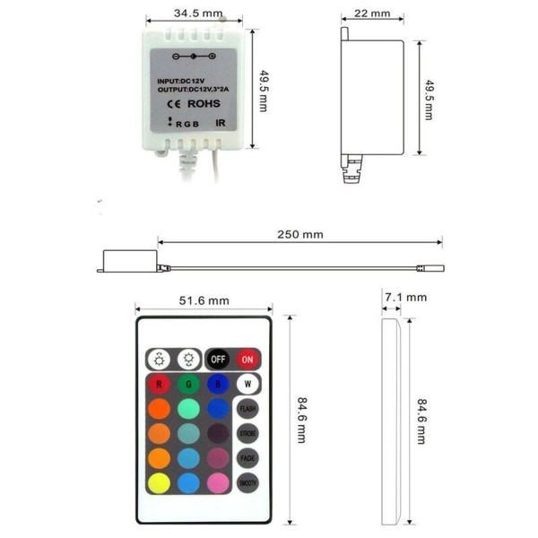 24 knappers IR fjernbetjening og hvid IR controller til RGB LED strip 3528 SMD ban