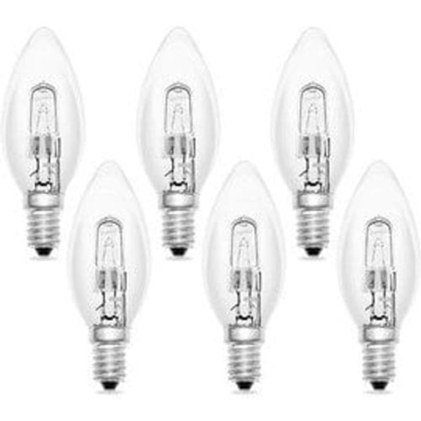 Sæt med 6 glødepærer E14 60w 230v, E14 flamme, varm hvid 2700k, 650lm, dæmpbar, C35 transparent, til lysekrone og bordlampe