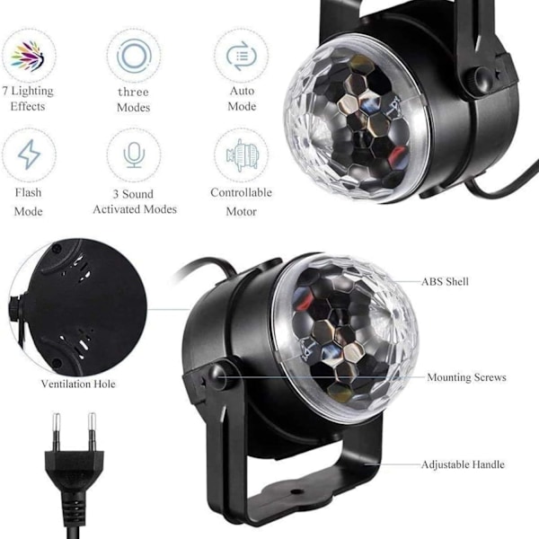 LED-partylampe discokule musikkstyrt med 7 farger 360° roterbar