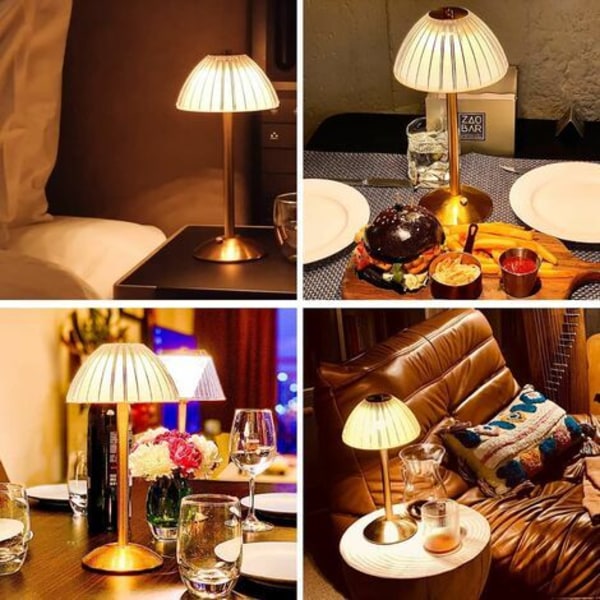 LED-bordslampe med berøringssensor - 3 dimbare farger og justerbar lysstyrke, trådløs gull messing oppladbar lampe, batteridrevet skrivebordslampe
