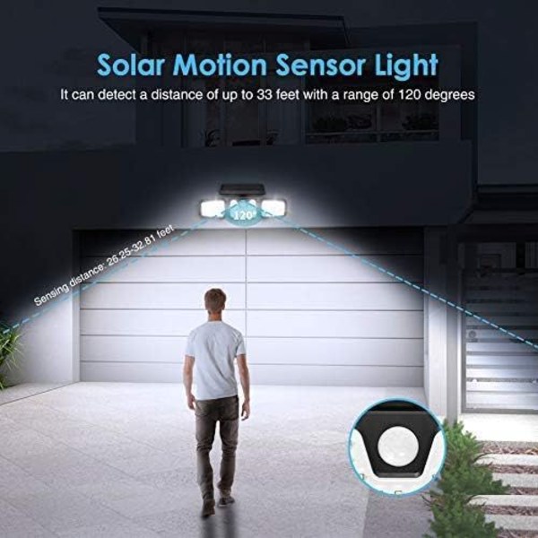 LED solstrålkastare, 70 LED 3 huvud utomhusljus rörelsesensor, Lumens utomhus solstrålkastare, IP67 varm gul utomhus sollampa trädgård, entré